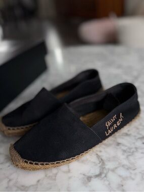 Saint Laurent Canvas Espadrilles Size 37 Black YSL Logo Slip On Flats